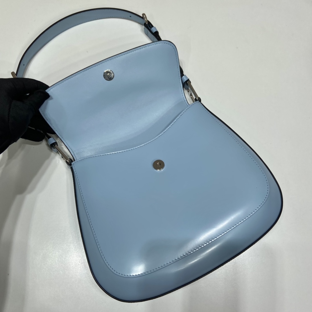 Prada Cleo Brushed Leather Shoulder Bag With Flap Light Blue 1BD303